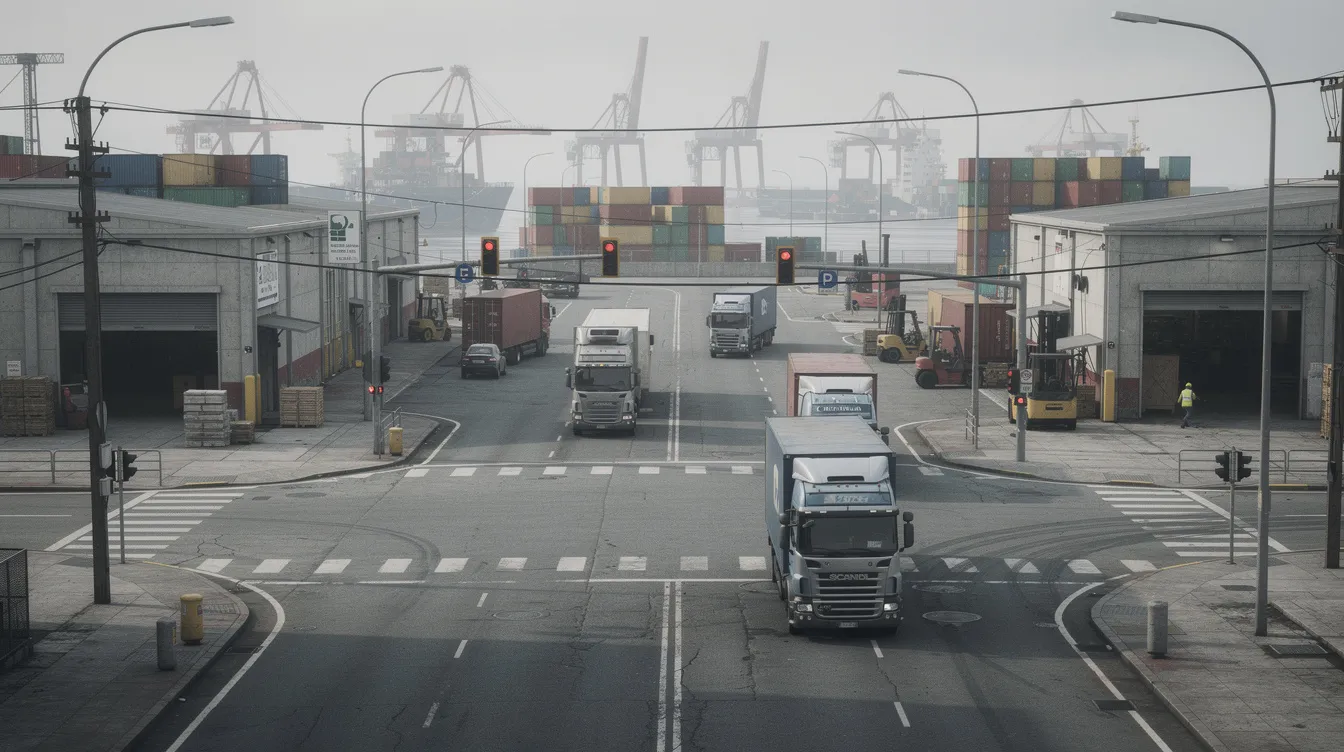 The image depicts an industrial road intersection near a port area, bustling with commercial trucks and warehouses. This scene highlights the significant presence of large commercial vehicles, which are often involved in truck accidents that can lead to serious injuries and complex legal processes for accident victims.