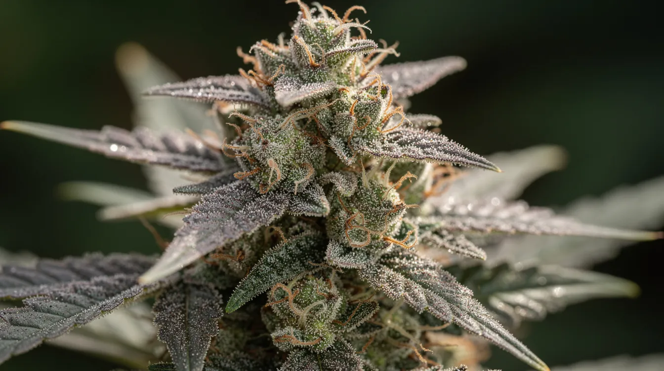 A close-up view of a mature cannabis flower showcases its frost-like trichome coverage, highlighting the glandular trichomes that indicate the plant's readiness for harvest. The image emphasizes the varying colors of the trichomes, including clear, cloudy, and slight amber, which are crucial for determining the optimal harvest time for potent cannabis buds.