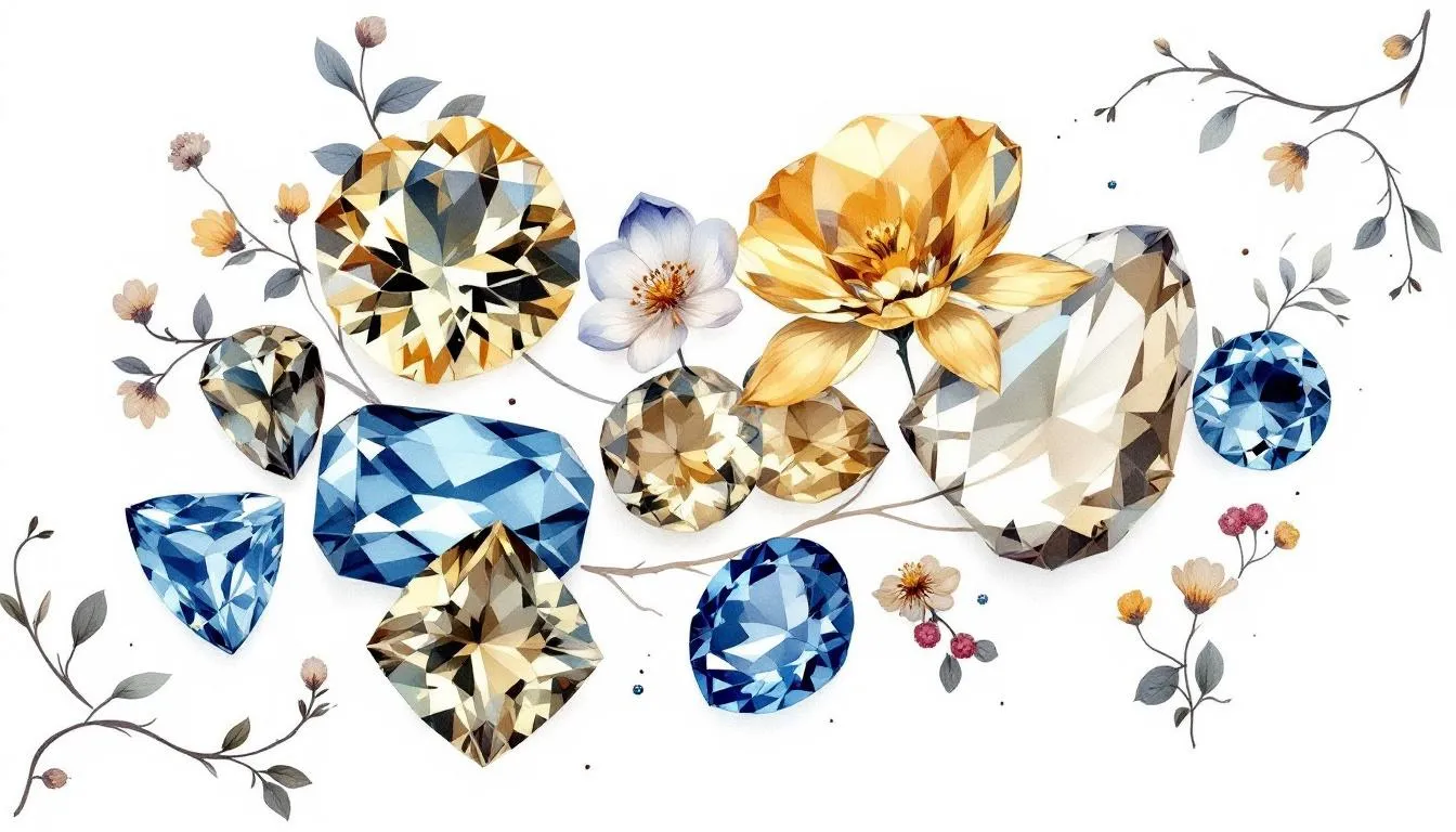 A beautiful arrangement of November birthstones including blue topaz and citrine.