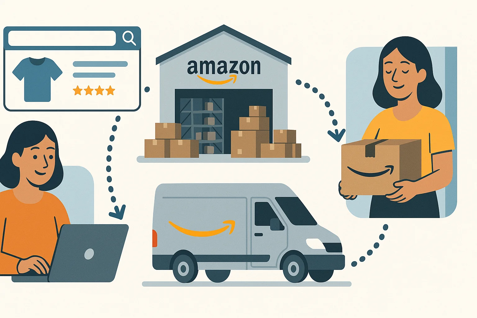 Amazon's full customer journey from product discovery to doorstep delivery visualised in one flow.