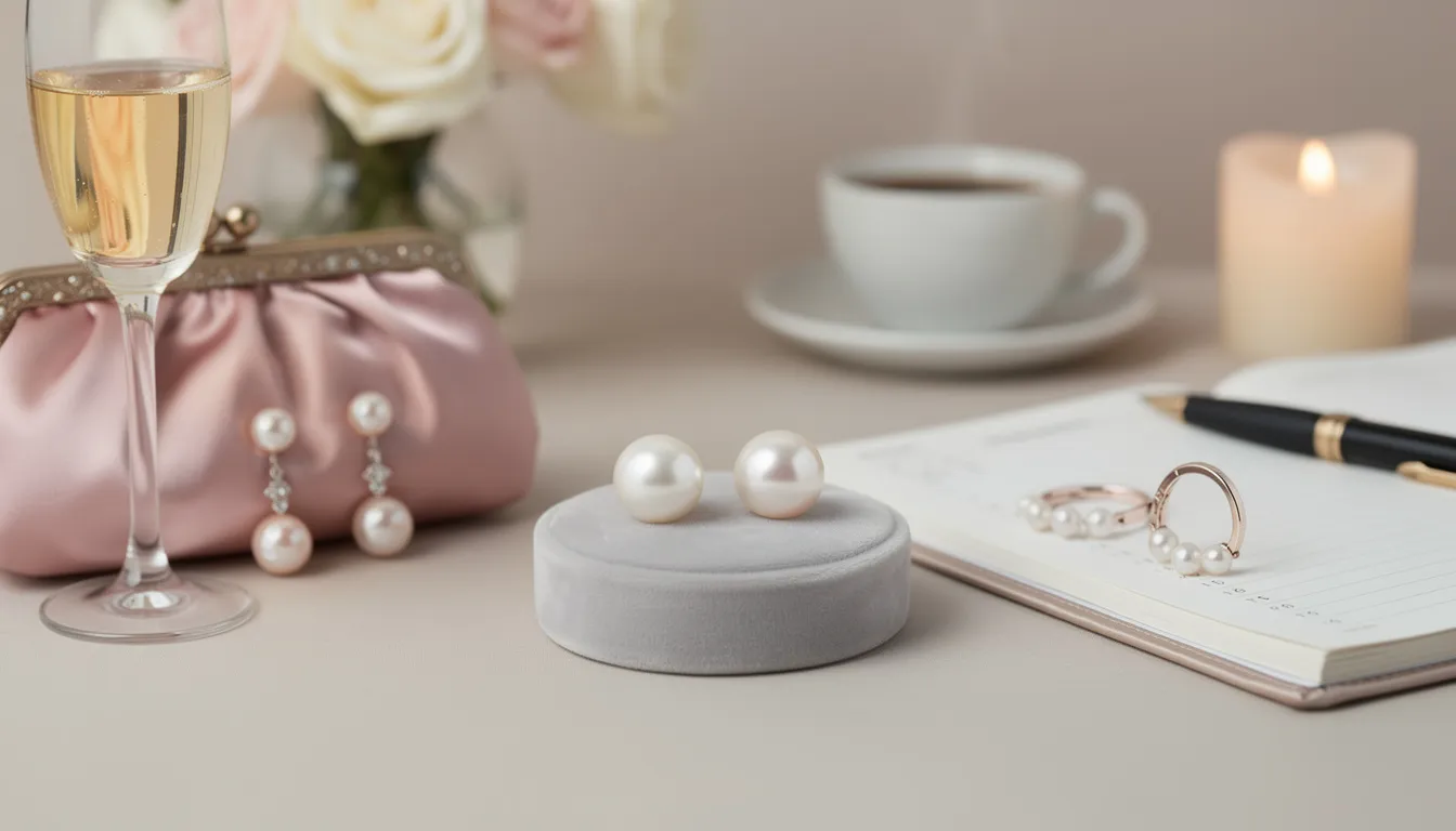 The image features a pair of elegant freshwater pearl earrings, suitable for various occasions, displayed on a soft, neutral background. These timeless accessories are designed to enhance user engagement and appeal to potential customers seeking quality jewelry for special events.