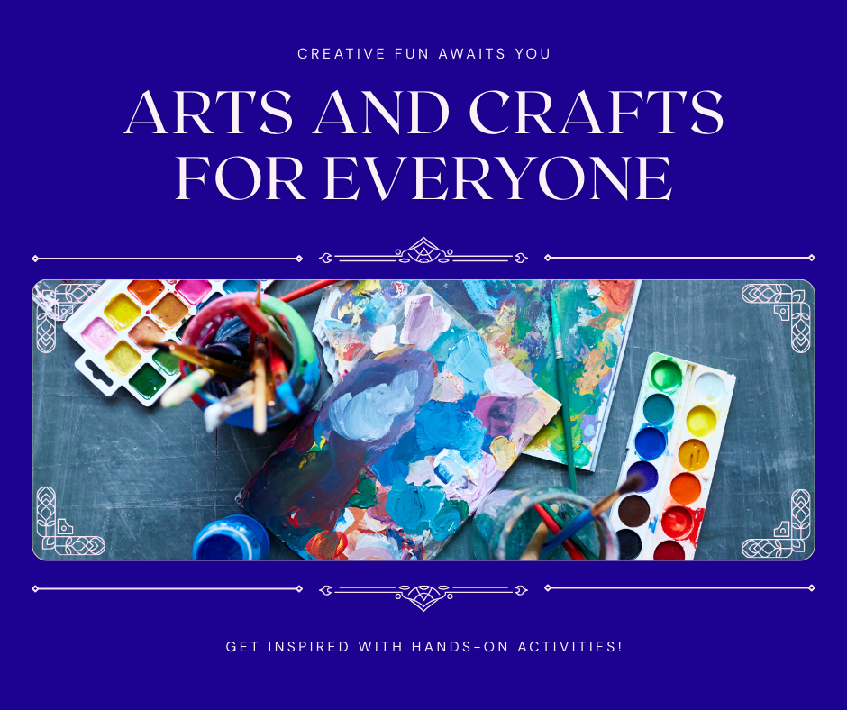 "Chic design showcasing art supplies and craft elements with a bold 'Arts and Crafts' title."