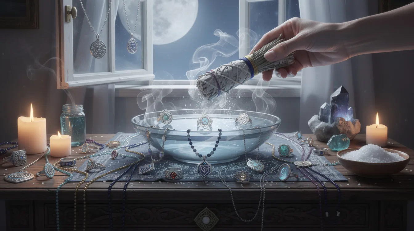 The image depicts a collection of protective jewelry and amulets, including an evil eye amulet, which are believed to ward off the evil gaze and negative energy. Traditional cleansing methods like moonlight exposure and sage smudging are highlighted, emphasizing the importance of maintaining their protective and healing properties over time.