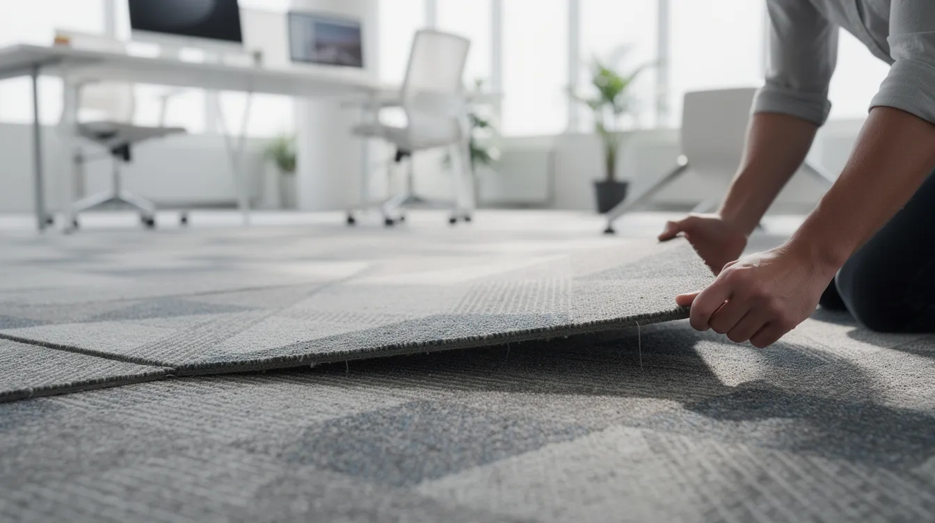 A close-up view of patterned carpet tiles being fitted in a modern office space, with office desks and chairs visible in the background, showcasing a practical and attractive flooring solution suitable for high foot traffic areas. The installation highlights the flexible design choices available in commercial flooring products, creating a positive atmosphere for employees.
