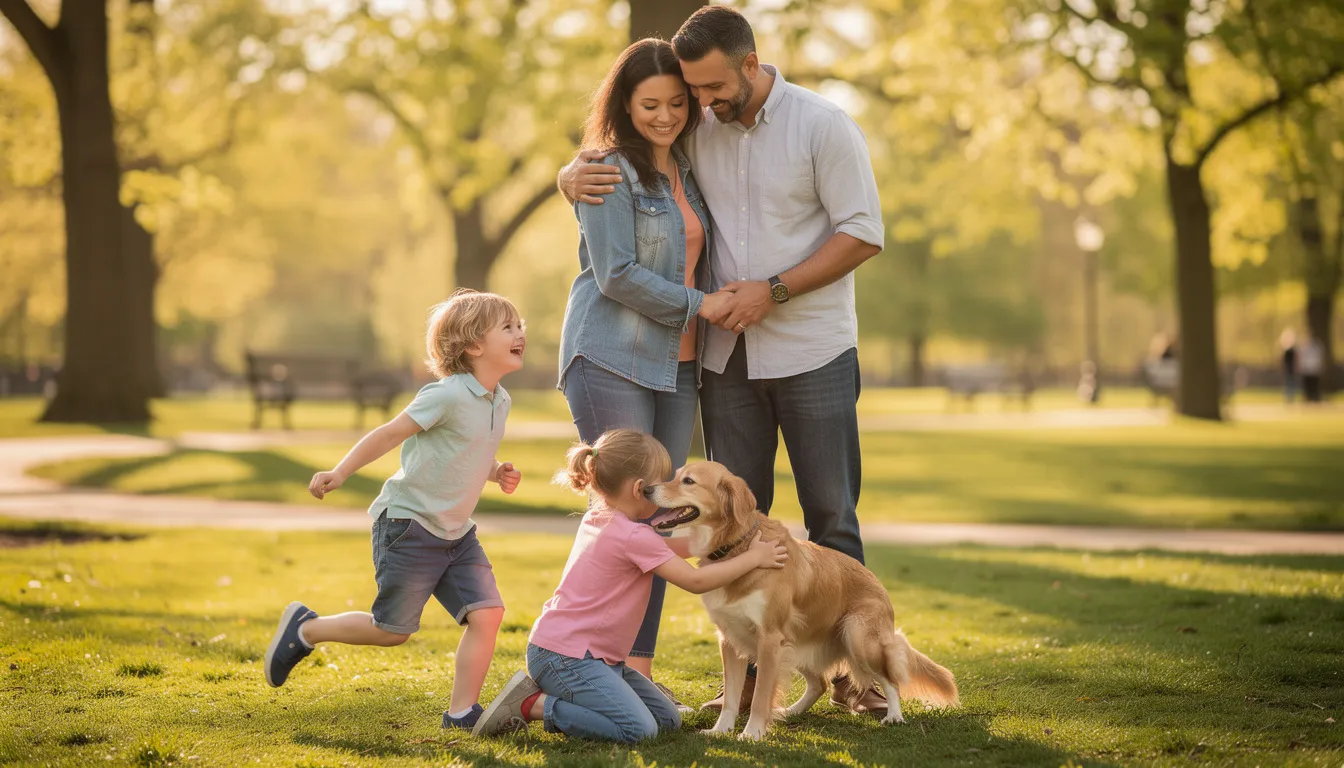 The image depicts a joyful family with children and a playful dog enjoying a sunny day in a park, surrounded by lush green trees and open space. The scene captures the essence of outdoor fun, highlighting the importance of staying connected with loved ones, similar to how tracking devices like GPS trackers and Bluetooth trackers help keep track of valuable assets in real-time.