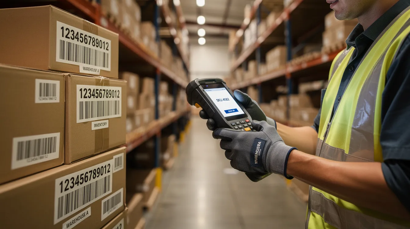 A person scans barcodes on boxes with a mobile terminal in a warehouse.