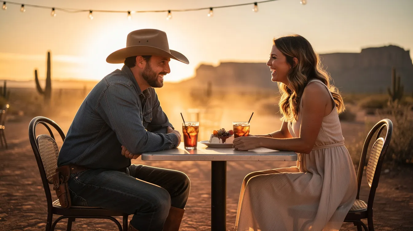 A cowboy and a woman are enjoying a date outdoors, surrounded by a picturesque country landscape. The scene captures the essence of cowboy lifestyle, with the couple sharing a light moment, embodying the charm of cowboy dating.