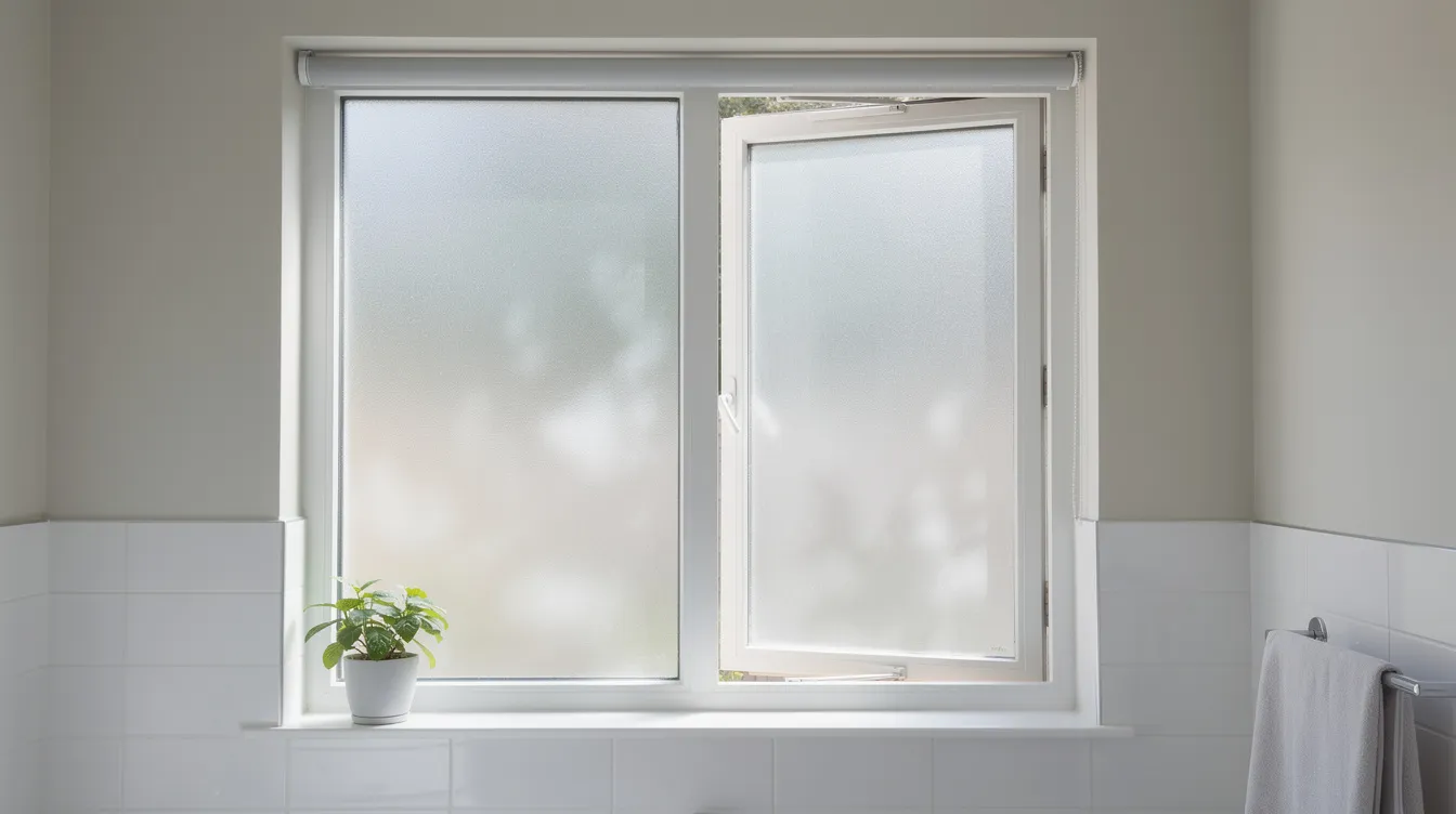 The image features a bright home bathroom window adorned with frosted privacy glass, allowing soft daylight to filter through while providing complete privacy. The frosted window film enhances the space's decorative style, making it both functional and aesthetically pleasing.