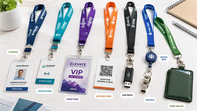 Useful lanyard items including ID badges, access cards, event passes, QR code cards, USB drives, whistles, and card wallets.