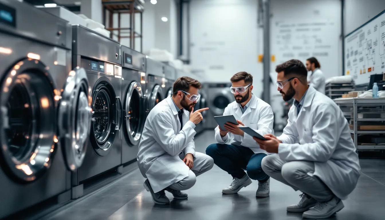 Comprehensive diagnostics being performed on commercial laundry equipment by expert technicians.