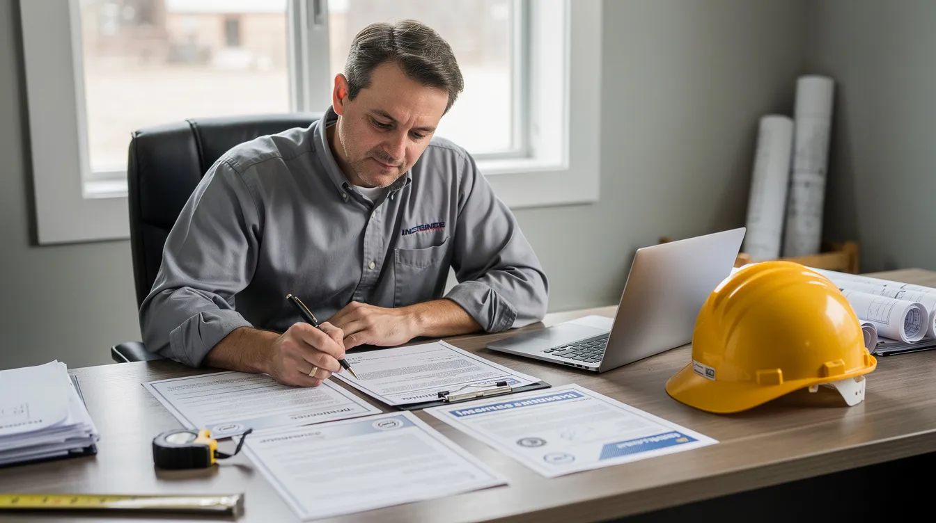 A contractor is seated at a desk, reviewing various insurance documents and certificates, with a hard hat placed nearby, indicating a focus on ensuring adequate general liability coverage for their contracting business. The scene highlights the importance of contractor liability insurance in protecting against potential risks and financial losses on the job site.