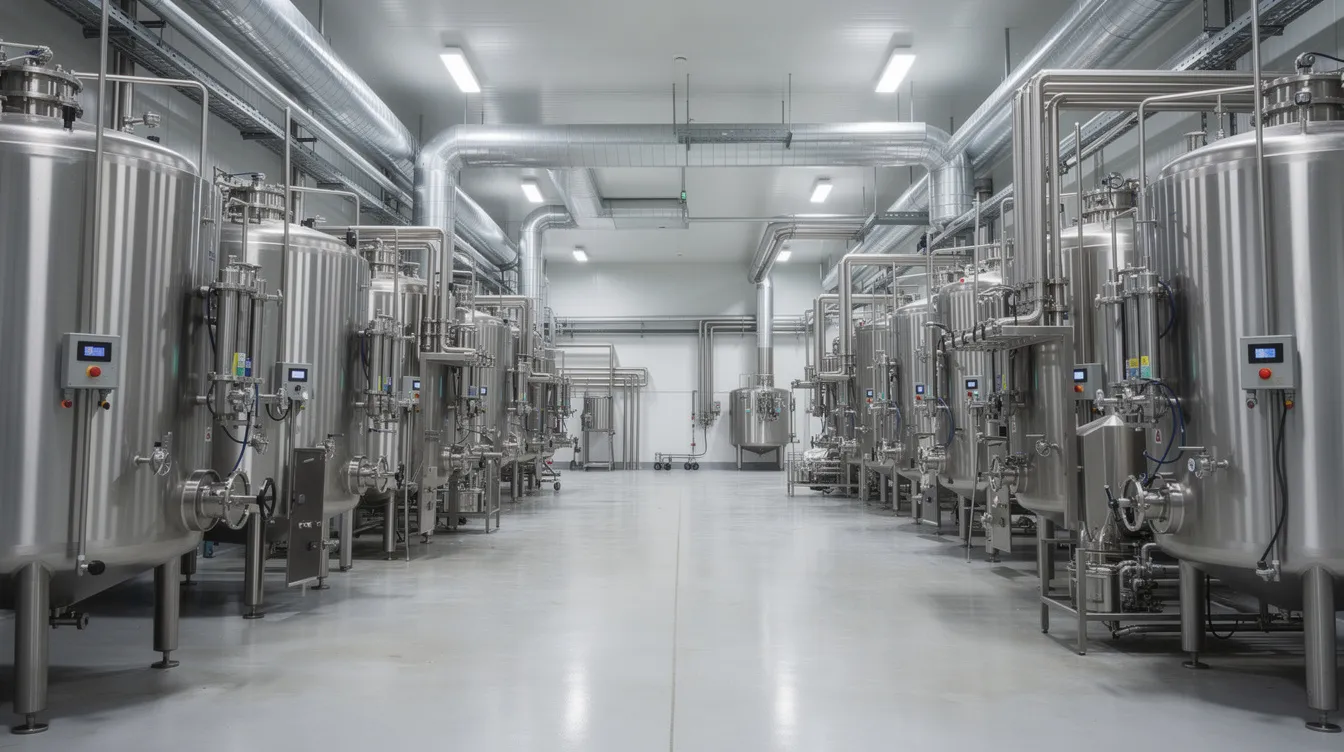 The image shows advanced stainless steel dairy processing equipment inside a modern milk processing facility, highlighting the sophisticated machinery used for UHT milk production. This dairy processing plant features a complete production line designed for efficient processing of raw milk into various dairy products, ensuring high quality and long shelf life.