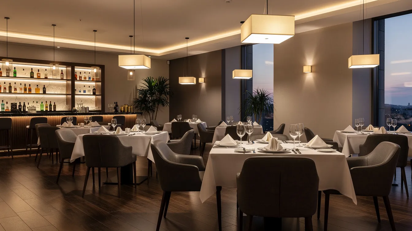 The image depicts the interior of a modern hotel restaurant, featuring elegantly set tables under warm lighting, creating a welcoming atmosphere for guests. This setting reflects the hospitality industry's focus on enhancing customer experience, which is crucial for financial projections and the overall success of hotel business projects.
