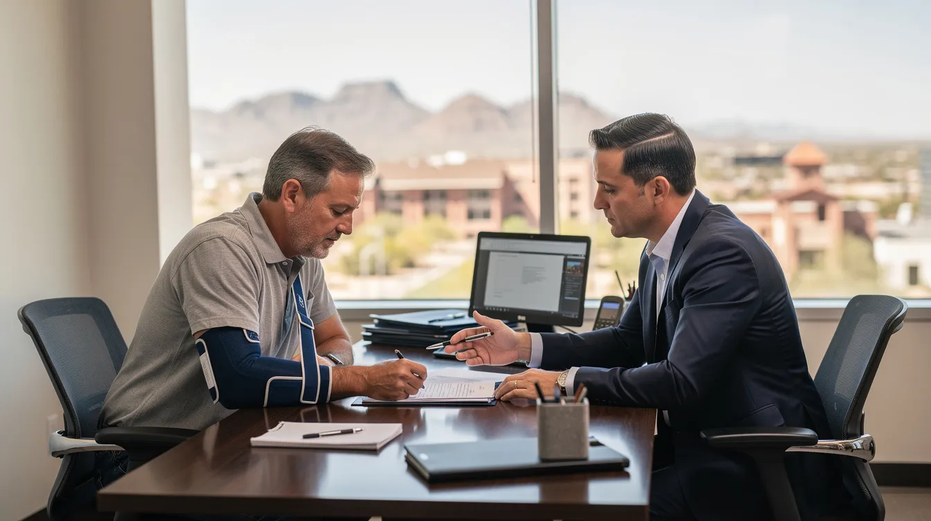 An experienced personal injury lawyer consults with an injured client, who is wearing a sling on their arm, in a professional office setting in Phoenix, Arizona. They are reviewing legal documents across a desk, with a city skyline visible through the window, emphasizing the legal representation involved in the personal injury claim process.