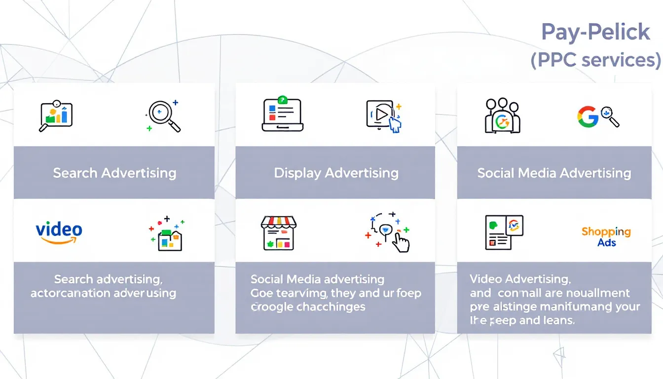 The image illustrates various types of PPC services available, including Google Ads, Bing Ads, and video ads, showcasing elements like ad groups, compelling ads, and landing pages that are essential for a successful PPC campaign. It emphasizes the role of a PPC agency in managing ad spend and improving brand visibility through targeted advertising campaigns.