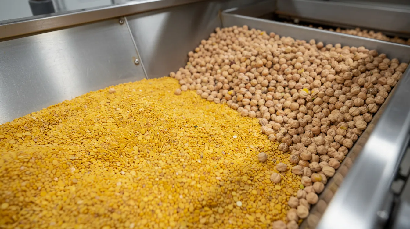 e589c4eb 968d 49b2 b841 dddec985c97b A close-up view of yellow split peas and chickpeas is displayed in industrial stainless steel hoppers, ready for processing using pulse protein extraction technology. These pulses are rich in protein content and offer various nutritional benefits, making them essential ingredients in the food industry.