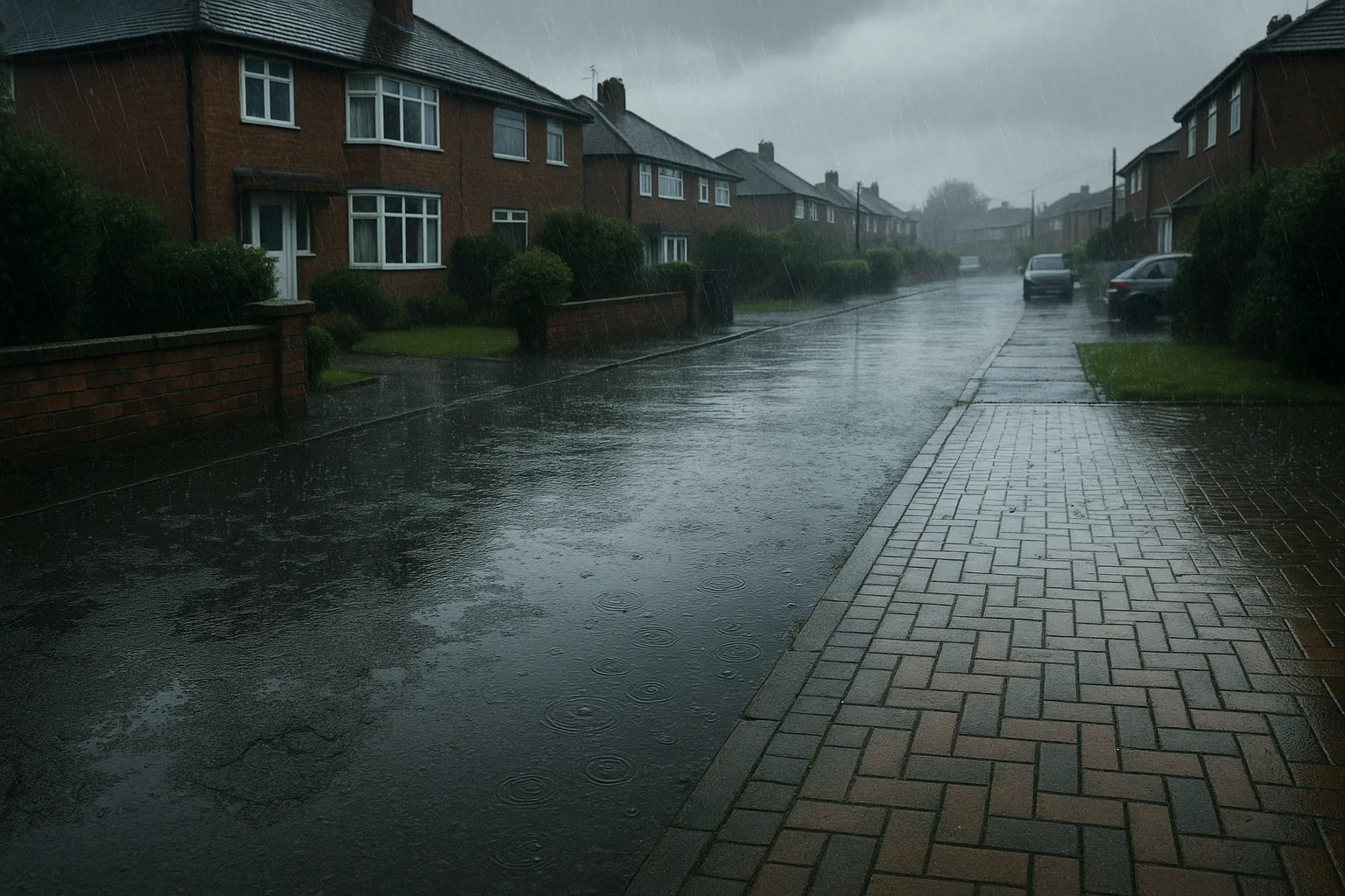 Old tarmac and block paving driveways struggling with rainfall in a typical Manchester neighbourhood.
