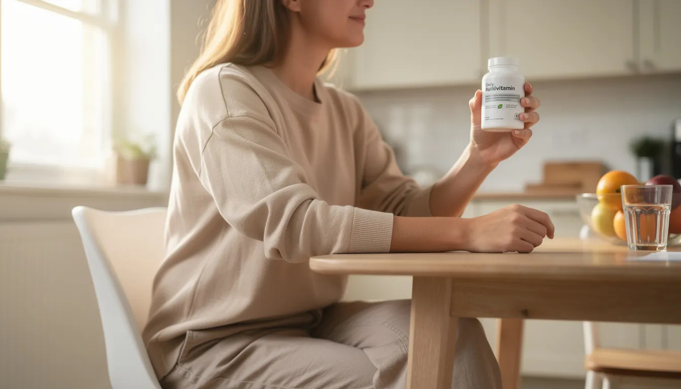 A person is sitting at a kitchen table, holding a dietary supplement bottle that likely contains nicotinamide riboside or nicotinamide mononucleotide, both known for their potential in boosting NAD levels and supporting mitochondrial function. The scene reflects a focus on healthy aging and cellular health through the use of NAD supplements.