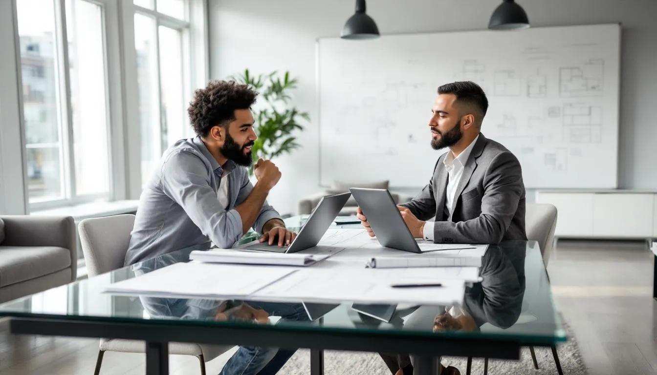 A recent architecture graduate is engaged in a discussion with an experienced senior architect while reviewing construction drawings in a modern office setting, highlighting the transition from higher education to professional life in the architecture field. This interaction emphasizes the importance of mentorship and practical knowledge as the graduate navigates their career path.