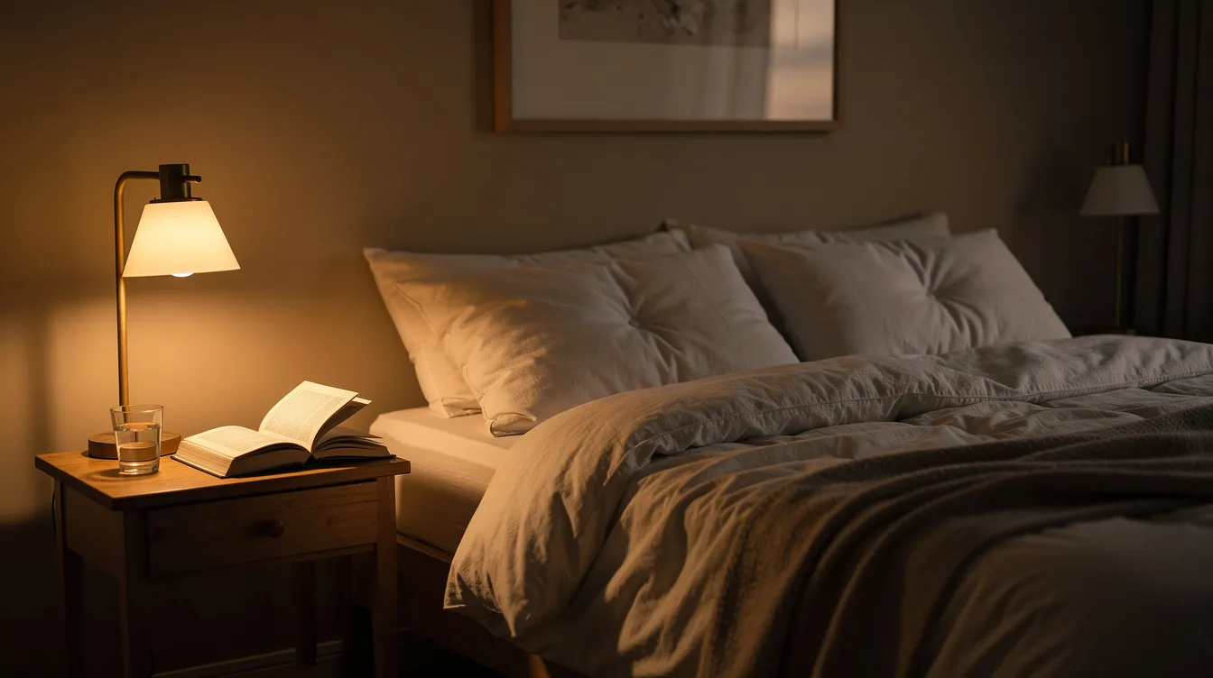A peaceful bedroom is softly illuminated with warm lighting, featuring a cozy bed adorned with soft bedding and a book resting on the nightstand, creating an inviting atmosphere conducive to a consistent sleep schedule and better sleep quality. This serene environment promotes relaxation and well-being, essential for maintaining healthy sleep patterns.