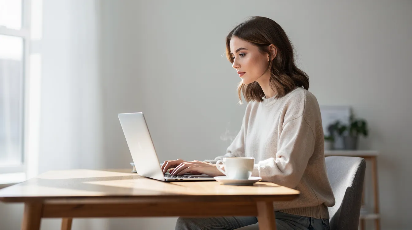 Eine junge Frau sitzt konzentriert an einem Laptop in einem hellen Raum, während eine Kaffeetasse auf dem Tisch steht. Sie arbeitet möglicherweise an Themen wie bürgergeld oder erwerbstätigkeit, um ihren Lebensunterhalt zu sichern.