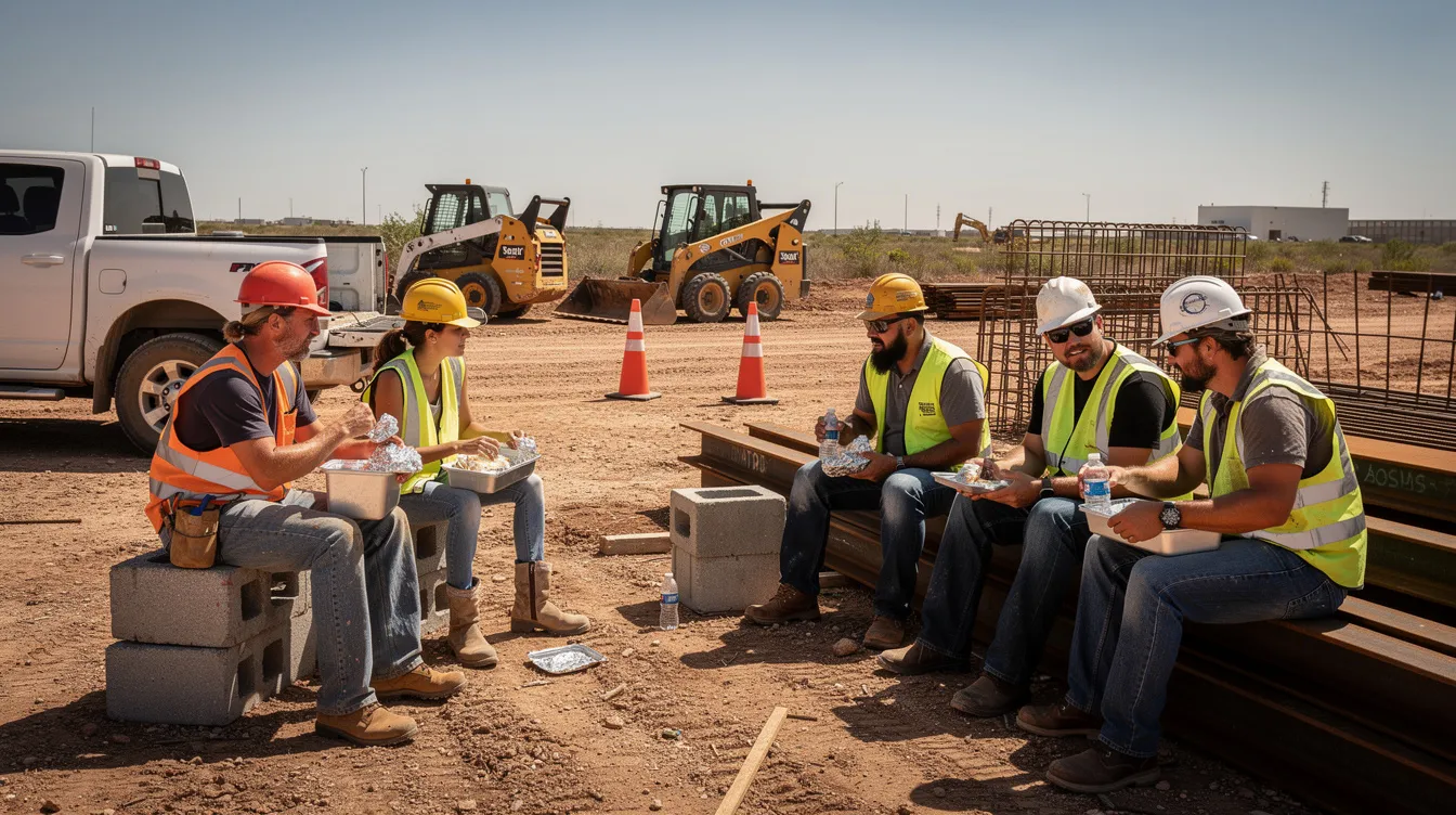 A group of construction workers is enjoying lunch together at a dusty job site in South Texas, seated near heavy equipment. This scene reflects the camaraderie often found in business meals, where employees take a break from their tasks to share food and conversation.