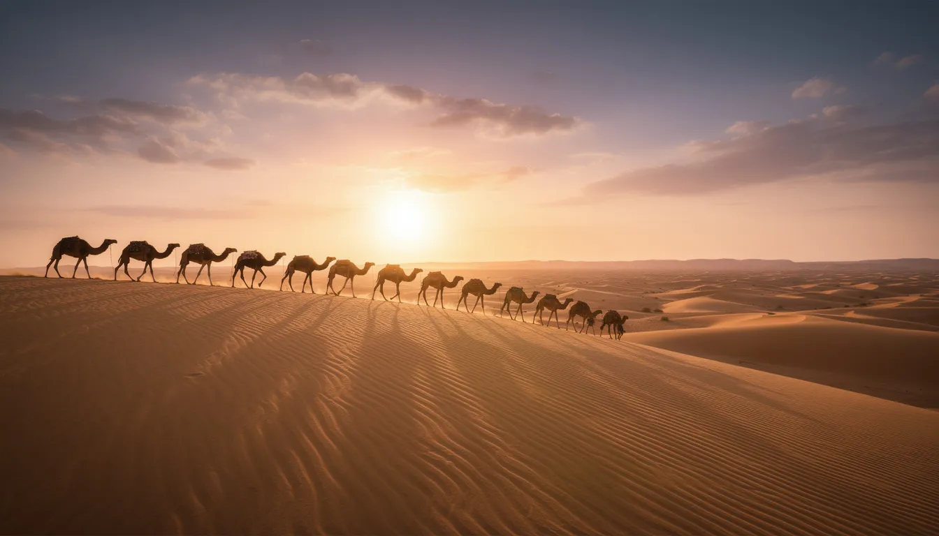 A camel caravan is silhouetted against the backdrop of golden sand dunes during a stunning sunset, capturing the essence of adventure in the Morocco desert. This scene reflects the magic of exploring the Sahara, inviting travelers to discover the rich culture and history of this extraordinary destination.