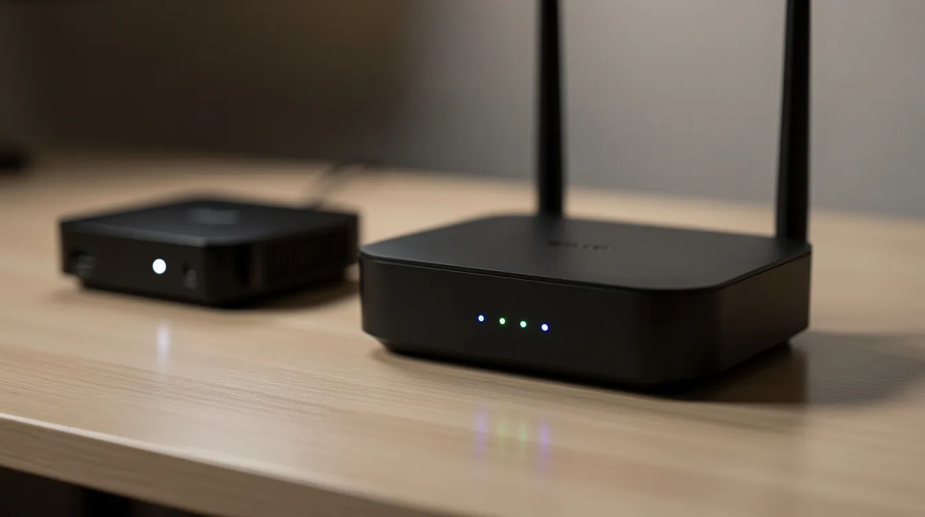 A close-up photograph of a modern WiFi router with glowing indicator lights, positioned on a desk next to a streaming device, symbolizes a reliable IPTV service that enables seamless streaming of live TV channels and on-demand content. This setup supports various devices, ensuring high-quality streaming and uninterrupted entertainment for IPTV users.