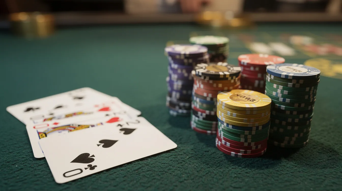 The image features a stack of colorful casino chips neatly arranged on a green felt table, accompanied by a pair of playing cards. This scene evokes the excitement of casino games often found at non gamstop casinos and online casinos, where players can enjoy various gambling experiences.