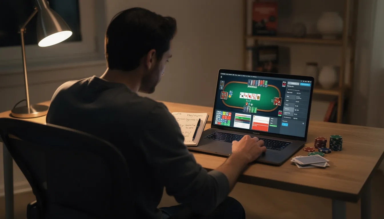 The image shows a person focused on studying poker strategy on their laptop at a desk, surrounded by notes and books about cash games and pot limit Omaha. They are engaged in poker training, likely accessing essential videos from elite coaches like Phil Galfond and Jason Koon to enhance their knowledge of the game.