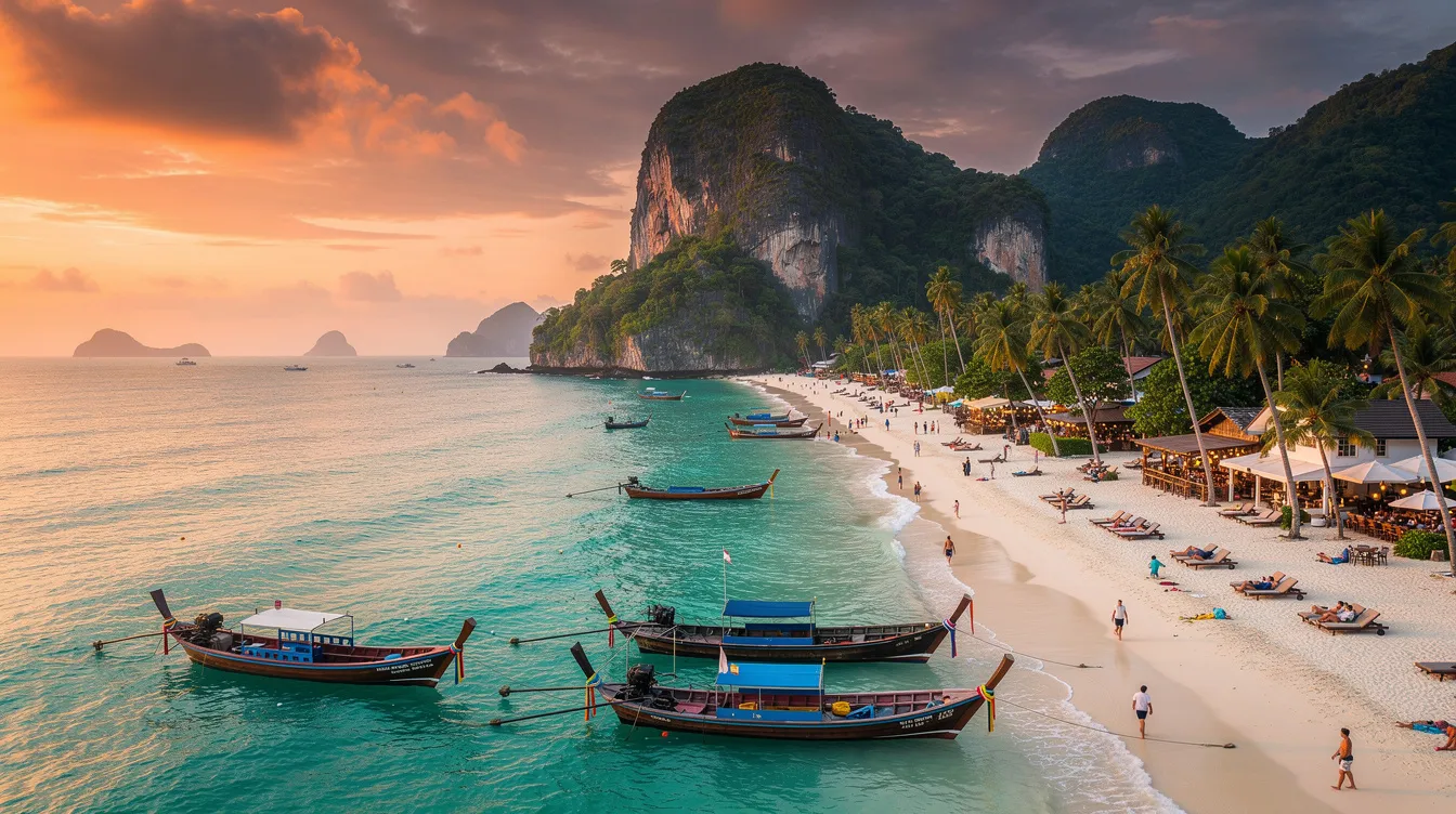 A imagem retrata a vibrante praia de Patong, localizada na ilha de Phuket, na Tailândia, famosa por suas areias brancas e vida noturna agitada. O cenário inclui turistas desfrutando do clima tropical, com águas cristalinas do golfo da Tailândia e montanhas ao fundo, criando um ambiente ideal para o turismo.