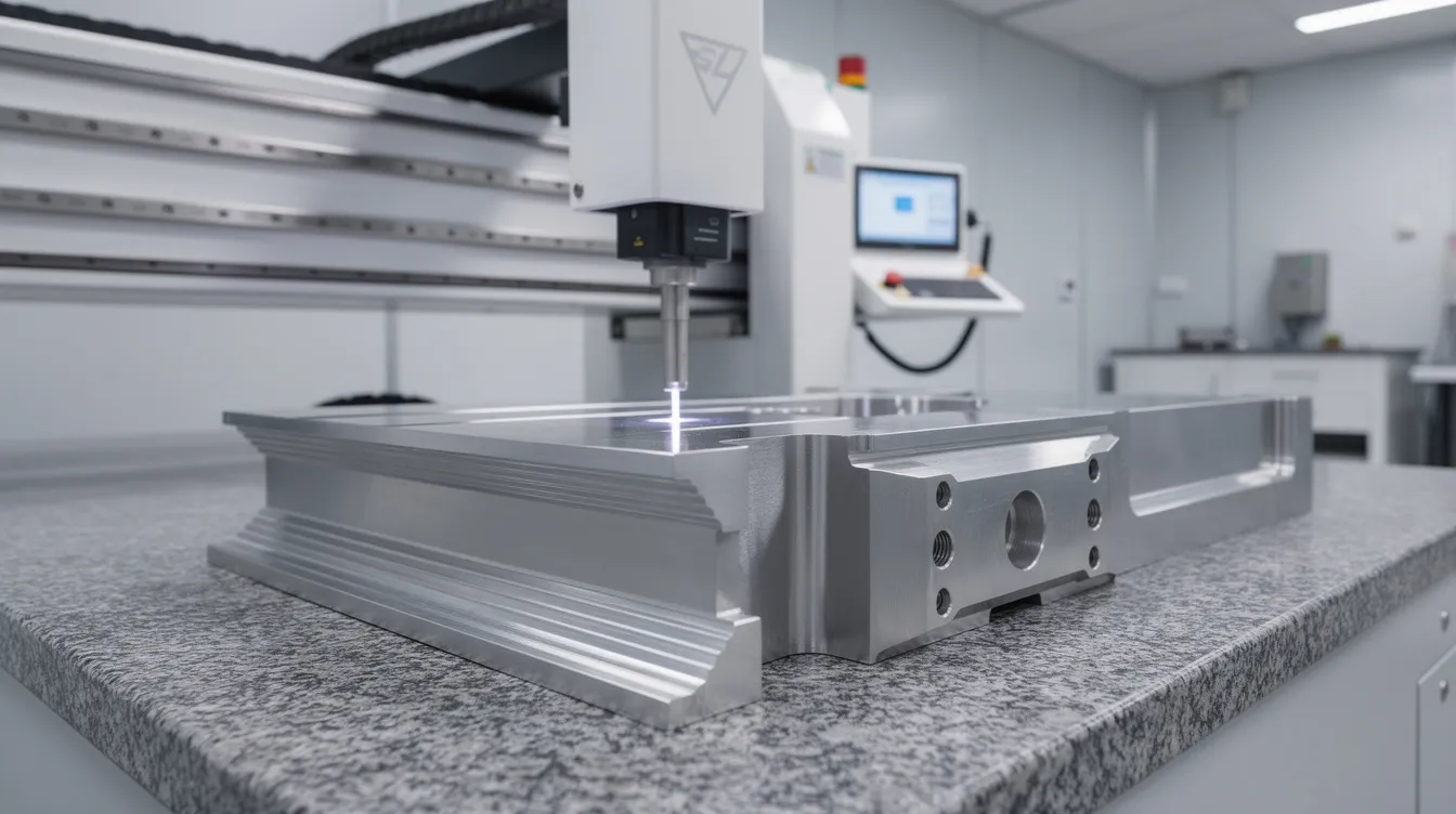 The image shows a coordinate measuring machine in a clean inspection room, with its probe making contact with a precision machined metal component, highlighting the importance of quality control and dimensional accuracy in the cnc machining industry. This setup is essential for achieving tight tolerances and ensuring that the precision components meet exact specifications during the manufacturing process.