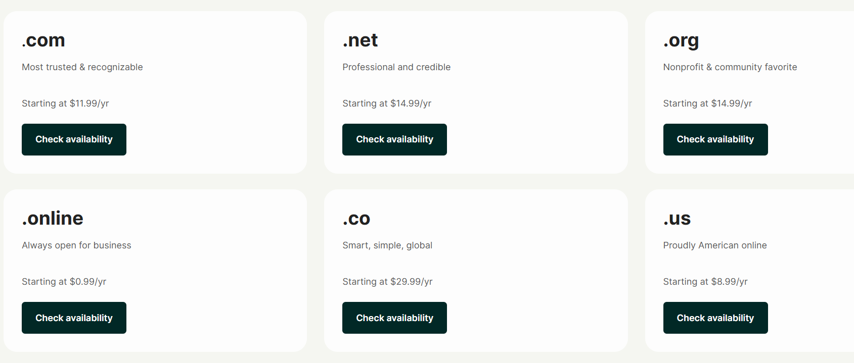 The different extensions available at Network Solutions.