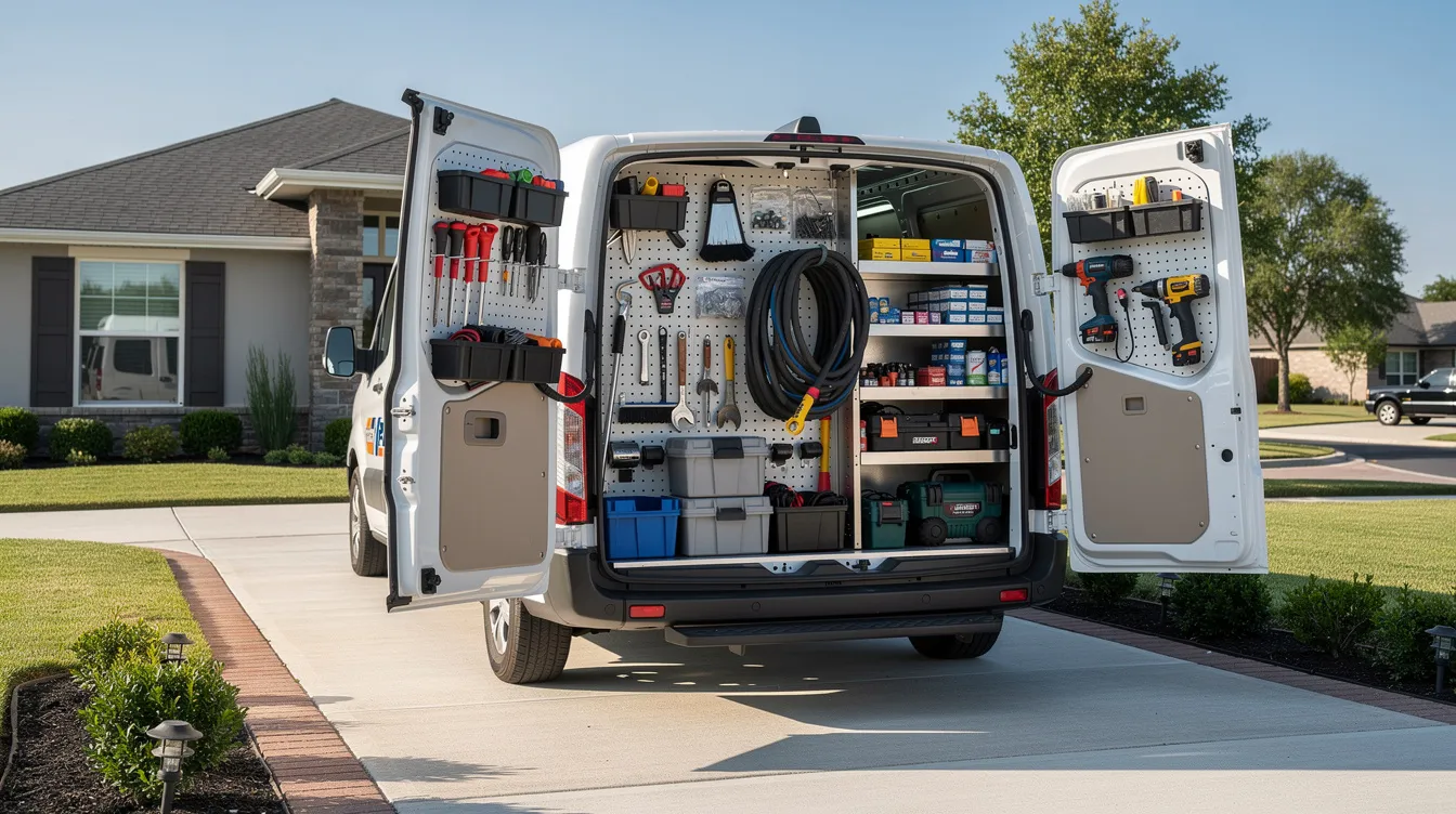 A mobile service van is parked in a suburban driveway, with tools and supplies neatly organized in the back, ready for home services. This scene represents the thriving home services industry, highlighting opportunities for franchise owners to own a successful business with ongoing support and proven business systems.