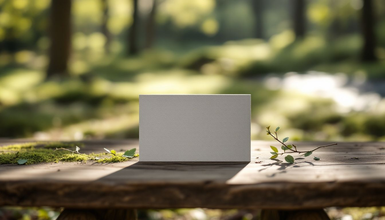 Eco-friendly business cards made from recycled materials displayed in a natural setting.