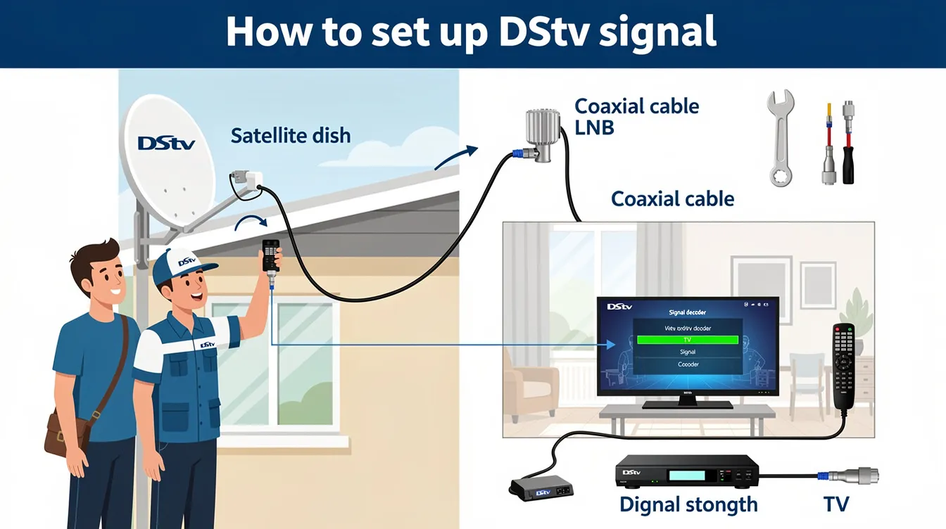 The image depicts a step-by-step guide on how to set up a DStv signal, featuring a satellite dish and various tools for proper dish alignment. It includes visual instructions for checking signal strength, adjusting the azimuth and elevation angles, and ensuring all cable connections are secure to fix any DStv signal issues.