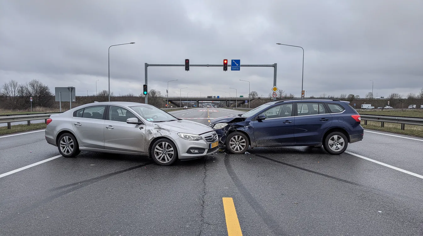 The image depicts two cars that have been involved in a minor collision at a highway intersection on a cloudy day, with visible vehicle damage. The scene suggests that the drivers may need to exchange insurance information and file a claim with their respective insurance companies, such as State Farm, to address the accident details.