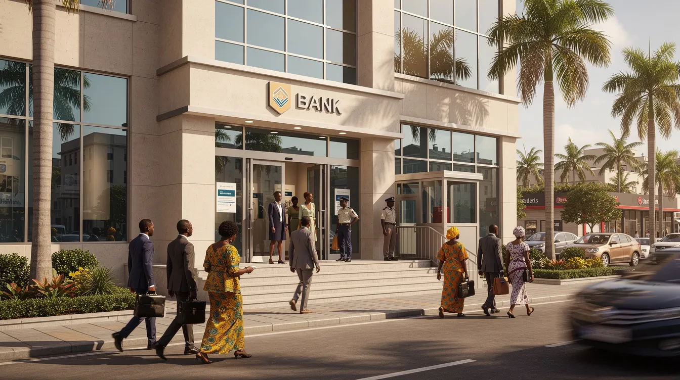 The image depicts a West African bank branch building bustling with customers entering during the daytime, highlighting the vibrant activity within the banking sector. This scene reflects the importance of banking services like investment banking and corporate banking in Togo's economic landscape.