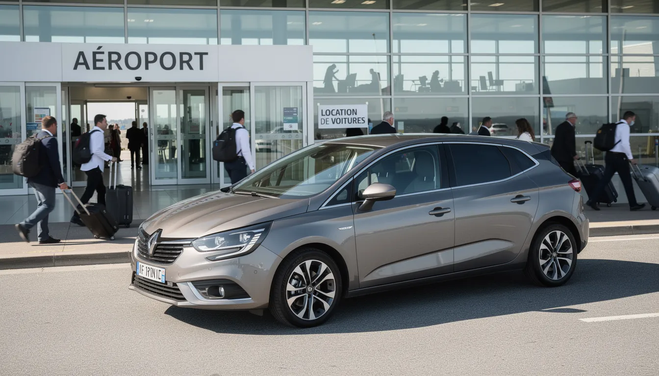 Une voiture de location est garée devant un terminal d'aéroport, tandis que des voyageurs se déplacent en arrière-plan avec des bagages. Cette scène évoque la location de voiture, un moyen pratique pour explorer un pays étranger pendant les vacances.
