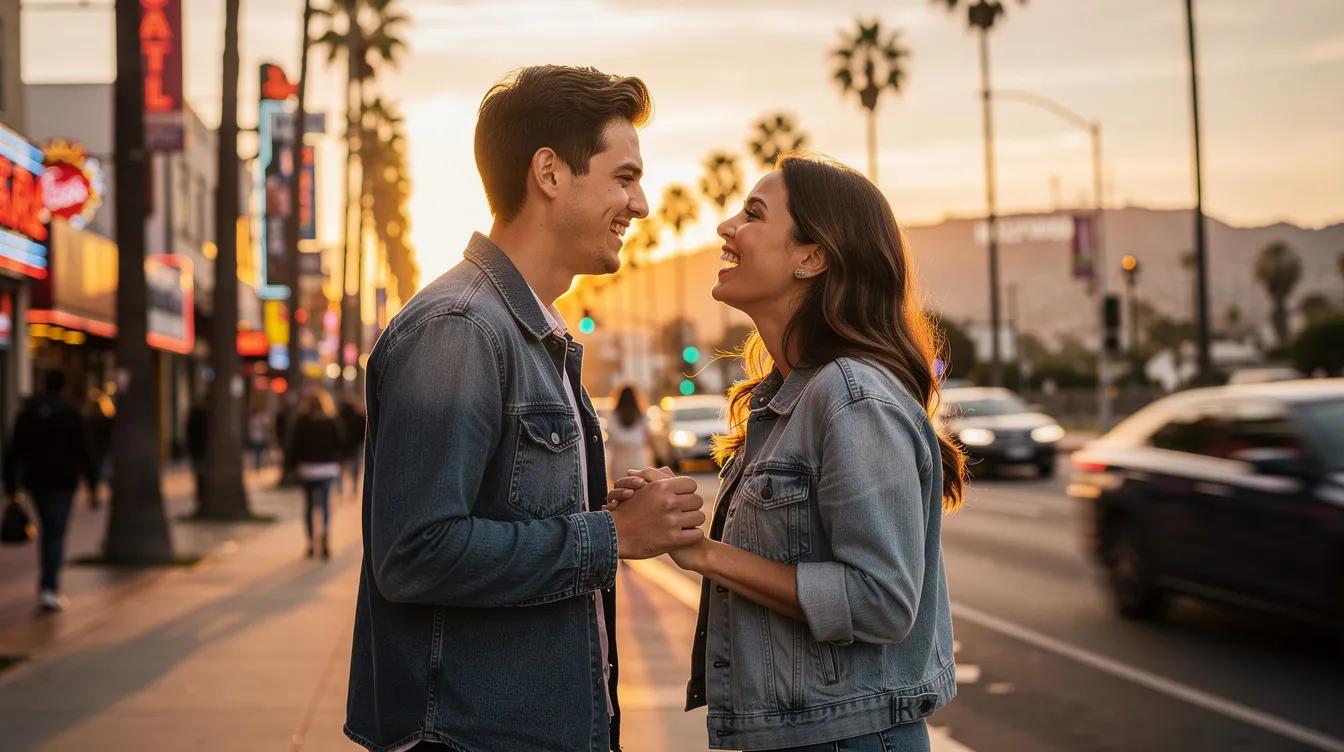 A couple is enjoying a romantic date in Los Angeles, sitting at a cozy outdoor table surrounded by city lights. They are engaged in conversation, laughing and sharing their thoughts as they explore the possibilities of finding love in the bustling town.