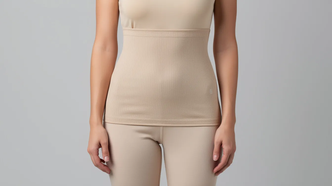 A person stands in a neutral pose wearing a medical compression garment around their midsection, commonly used after a liposuction procedure to promote healing and reduce swelling in treated areas. This garment helps manage discomfort and supports the recovery process following body contouring surgery.