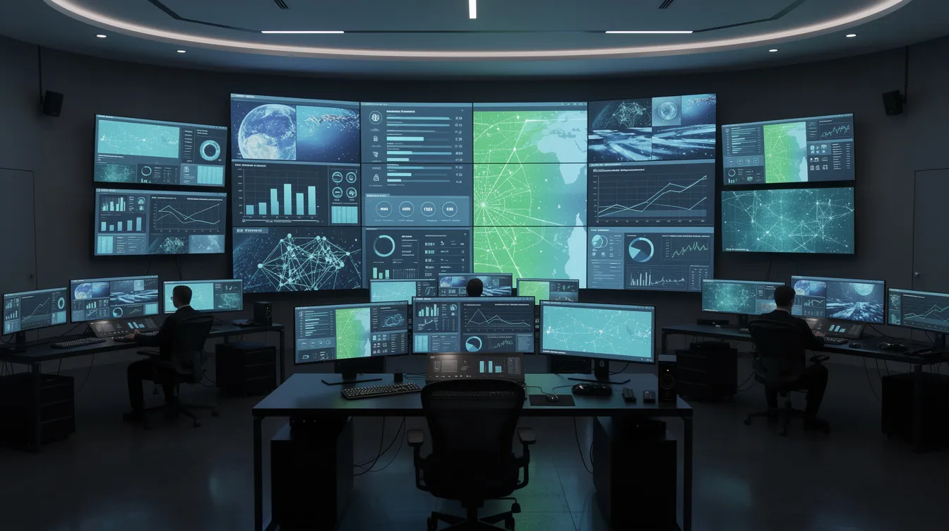 La imagen muestra una moderna sala de control con múltiples pantallas en las que se visualizan datos y paneles de control en tonos azules y verdes. Este entorno de alta tecnología podría utilizarse para una gestión eficaz de la cartera y la estrategia de la cartera de marcas, en la que los equipos directivos analizan el rendimiento de las marcas y la cobertura de mercado para optimizar su arquitectura de marcas.