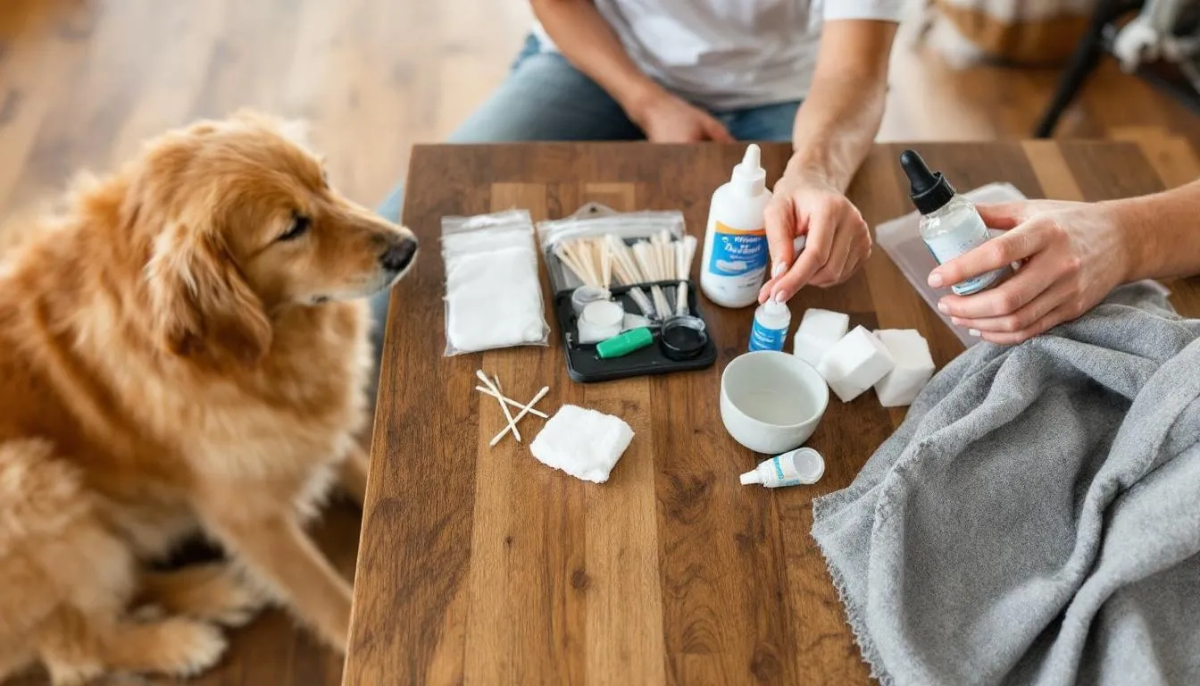 The image shows a Goldendoodle sitting calmly next to its owner, who is preparing ear cleaning supplies such as an ear cleaning solution and cotton balls, emphasizing the importance of maintaining healthy dog