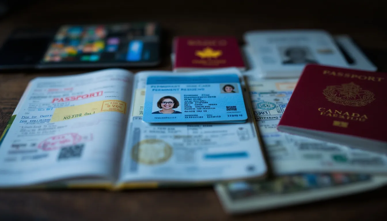 A collection of travel documents including a permanent resident card and a valid passport.