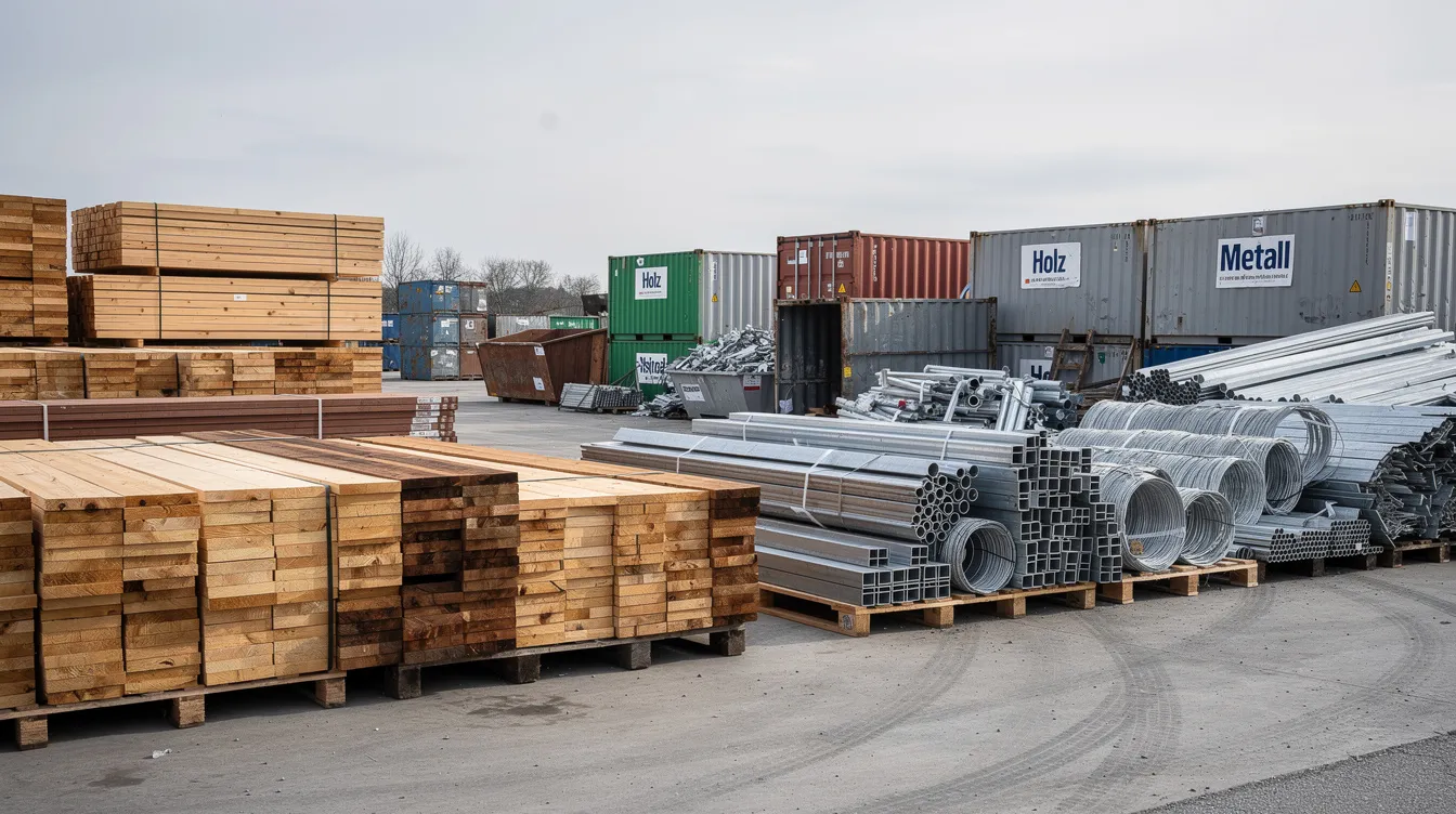 Auf dem Recyclinghof sind ordentlich sortierte Holzbretter und Metallteile zu sehen, die für die Entsorgung vorbereitet wurden. Diese Materialien stammen häufig aus alten Möbeln und Einrichtungsgegenständen, die nicht mehr benötigt werden und nun umweltgerecht entsorgt werden sollen.