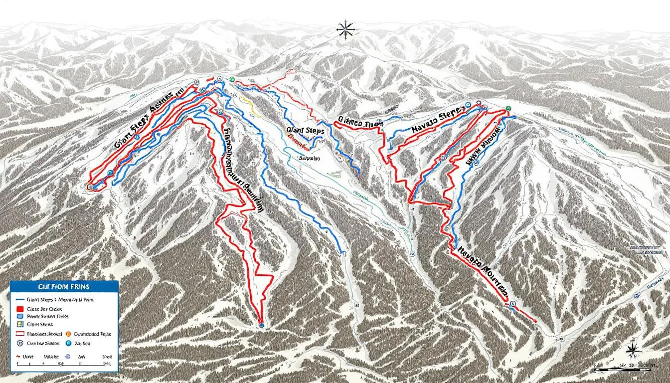 The image features a detailed trail map of Brian Head Ski Resort, highlighting the connected Giant Steps and Navajo mountain terrain with clearly marked ski runs for various skill levels. This map serves as a guide for visitors navigating the winter activities in Southern Utah, showcasing the resort's offerings for skiing and snowboarding.