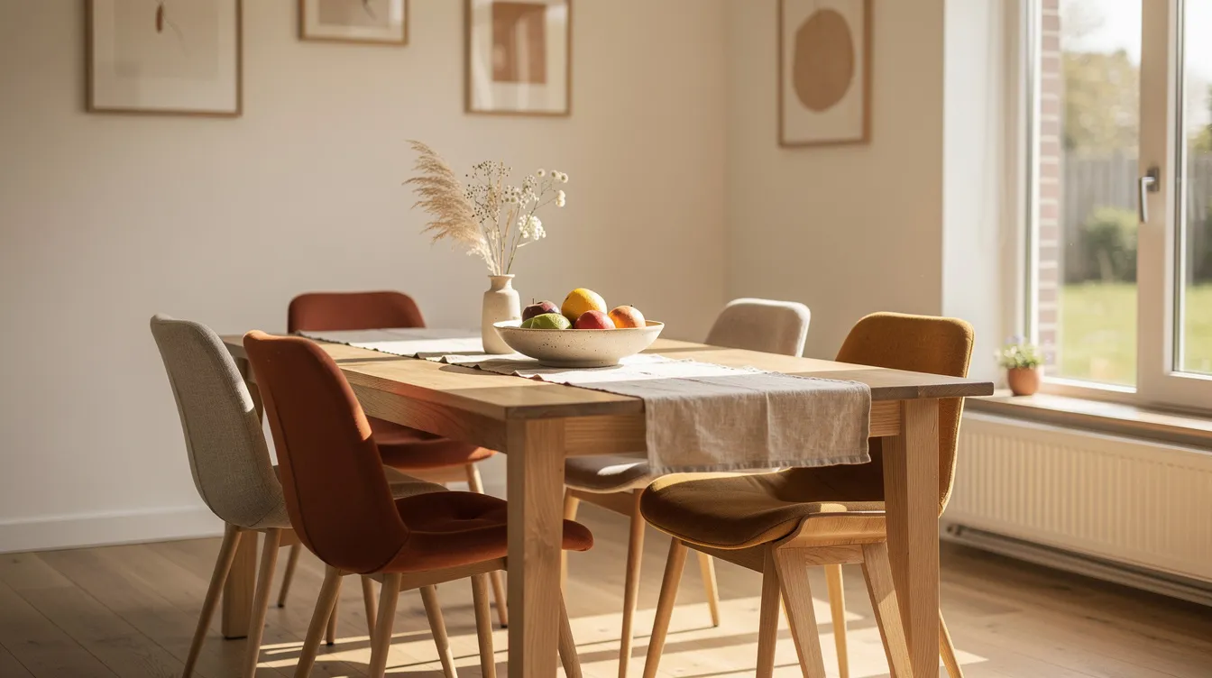 Een gezellige eethoek met een houten eettafel omringd door verschillende eetkamerstoelen in warme tinten. Het zachte daglicht dat door het raam valt, creëert een uitnodigende sfeer voor urenlang comfortabel tafelen.
