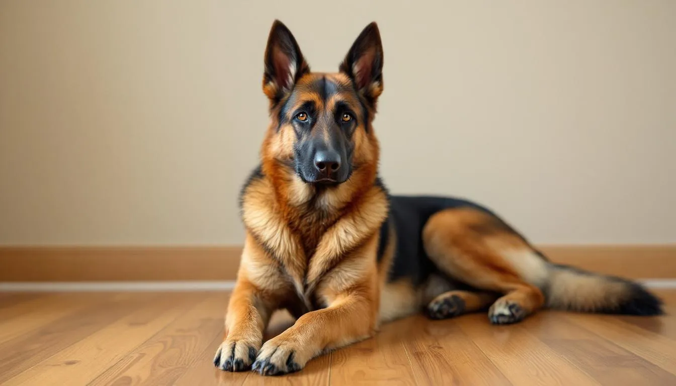 A German Shepherd is resting on a wooden floor in a sphinx pose, with its head and neck raised and an alert expression. This common sleeping position features its front legs stretched forward, showcasing the dog