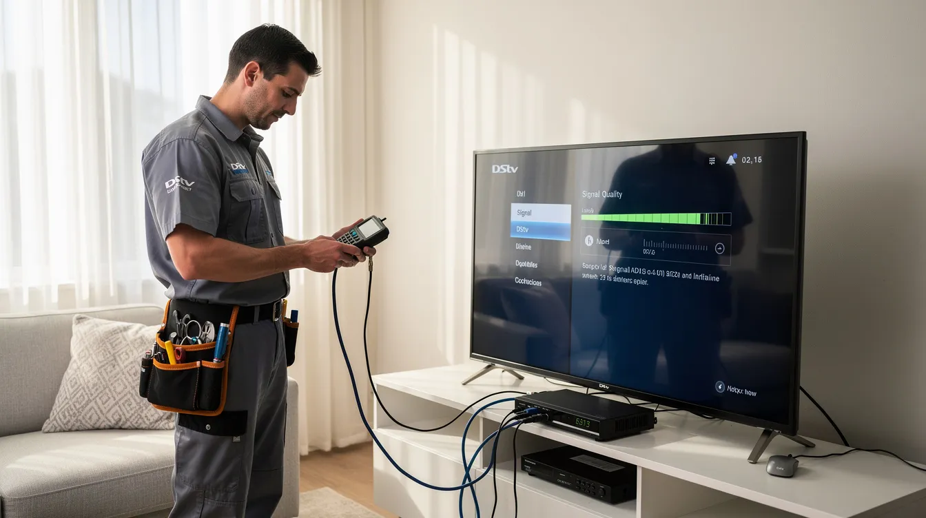 A professional technician is indoors, testing the signal quality on a DStv decoder setup, which includes a satellite dish and various cables like coaxial and HDMI. The technician is ensuring optimal performance for the DStv Explora, ready for streaming apps and box office movies.
