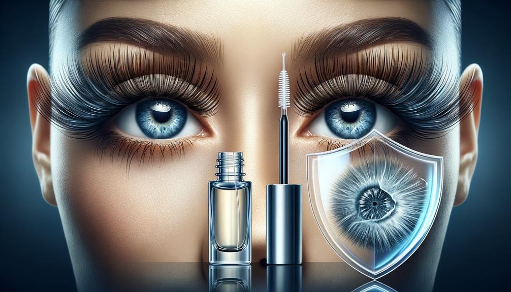 Close-up image of a pair of sensitive eyes with long, healthy lashes, a Wimpernserum bottle, and a protective transparent shield symbolizing safety.